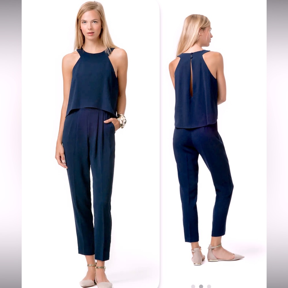 EUC TRINA TURK Anchors Away Navy Sleeveless Jumpsuit W/ Original Gold Belt